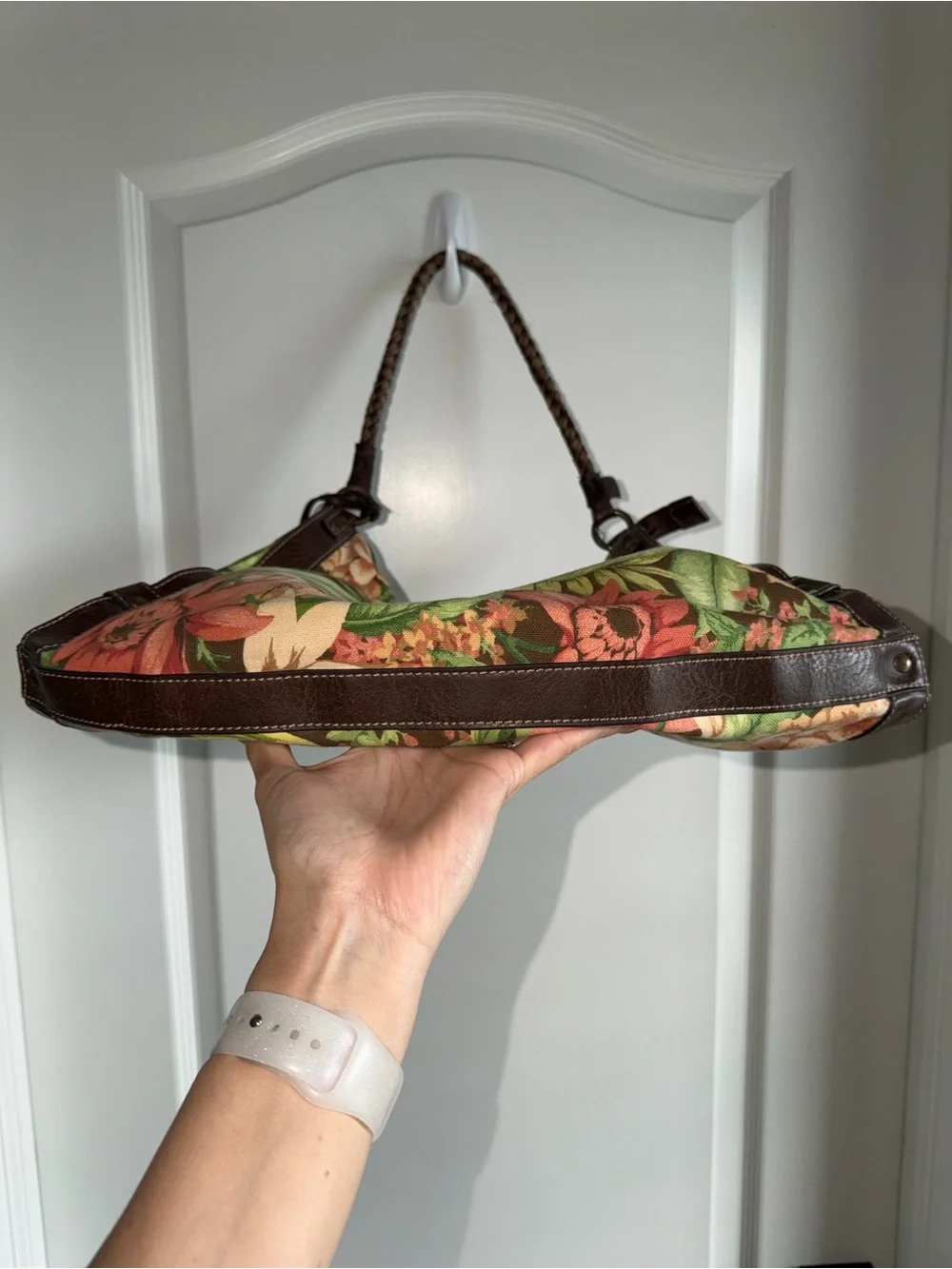 Vintage Fossil Floral Canvas Leather Hobo Bag Braided Strap Boho Y2K Purse
